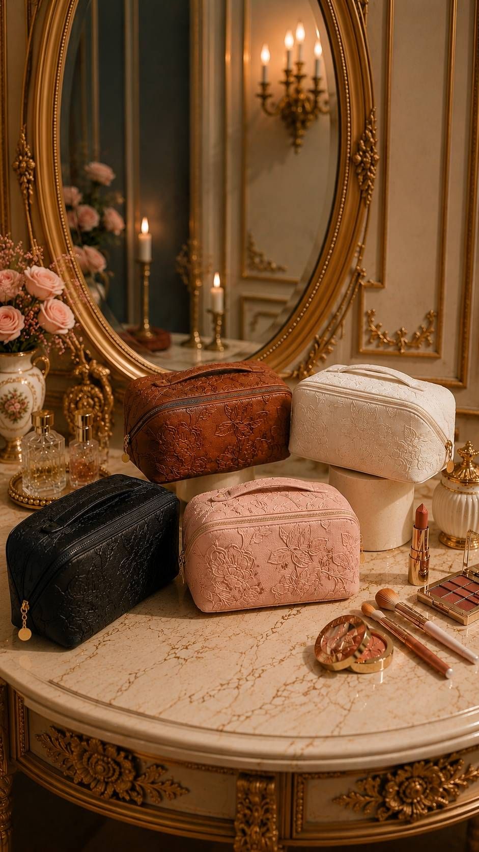 کیف آرایشی چرم لاکچری با طرح گل برجسته