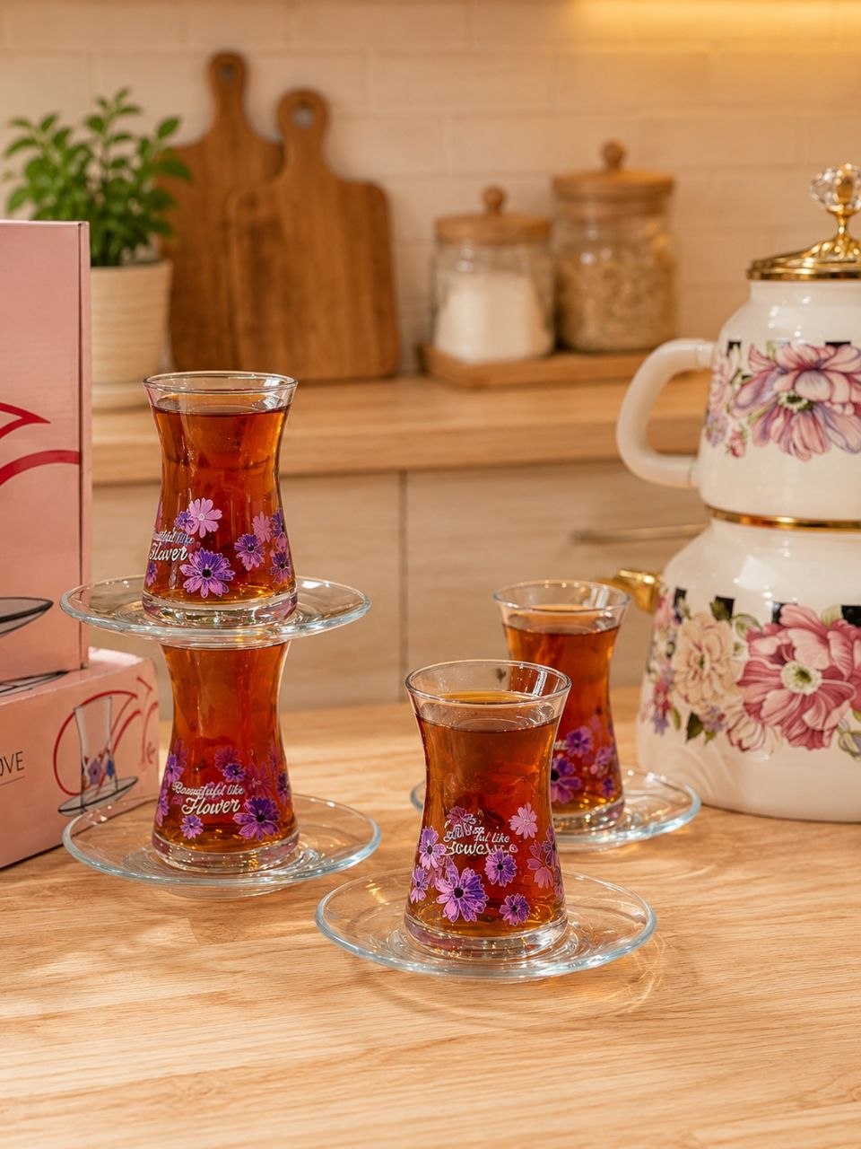 استکان نعلبکی 8 پارچه Flower love محصول Paşabahçe ترکیه