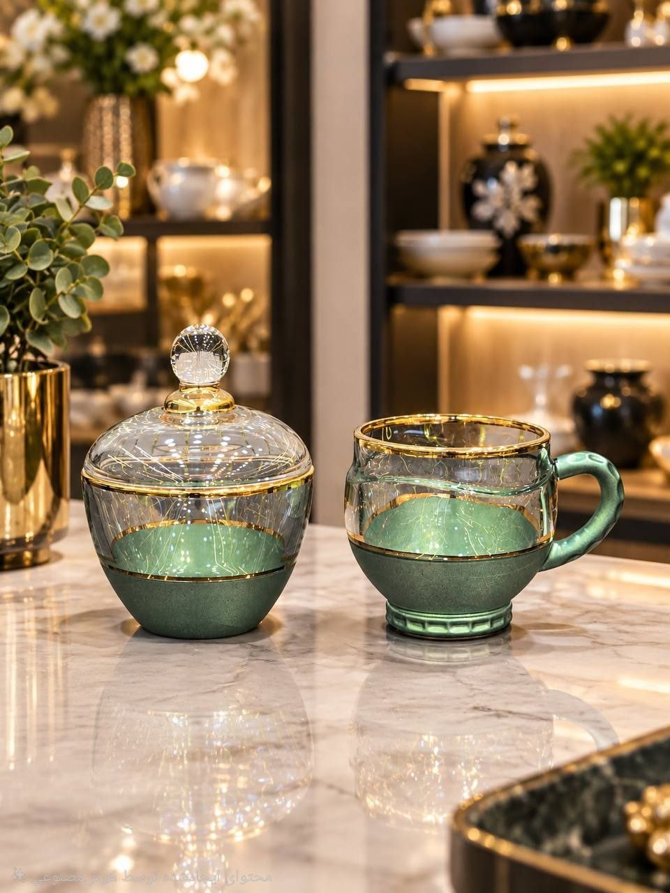 ست فنجان و قندان چشم‌نواز از سبز زمردی خاص و درخشش طلایی