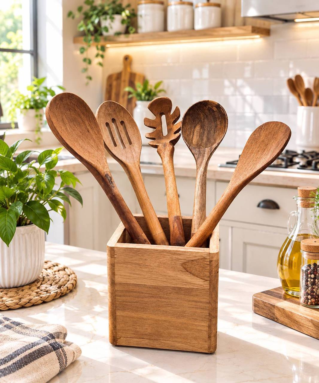 کفگیر ملاقه چوبی استند دار  ۶پارچه